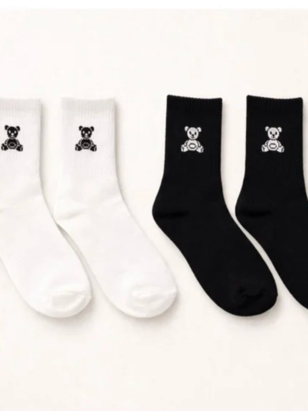 Zenana Bear Embroidered Crew Socks 2 Pack Black White Cotton Cute Minimalist NWT